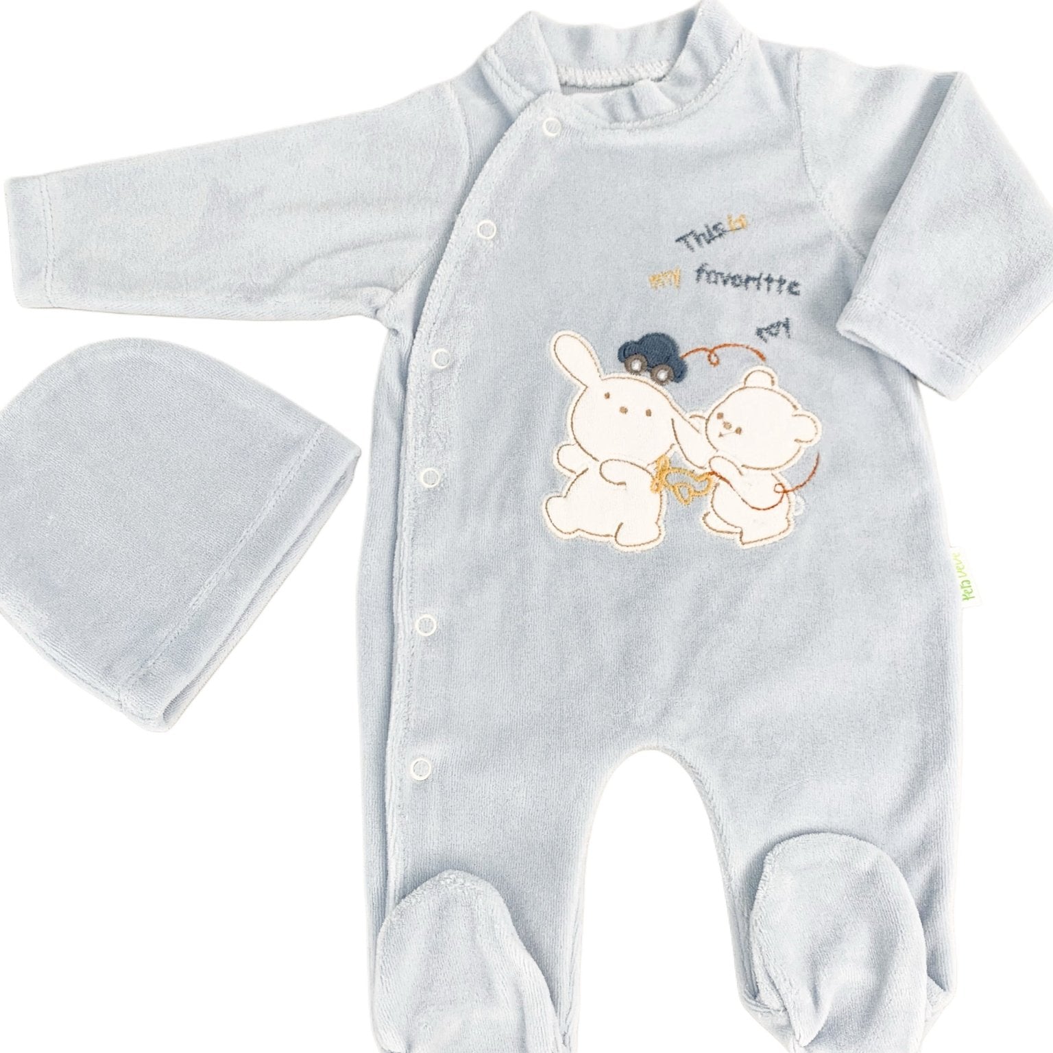 Salopeta albastra pufoasa baiat cu ursulet si iepuras - Botez bebelusi