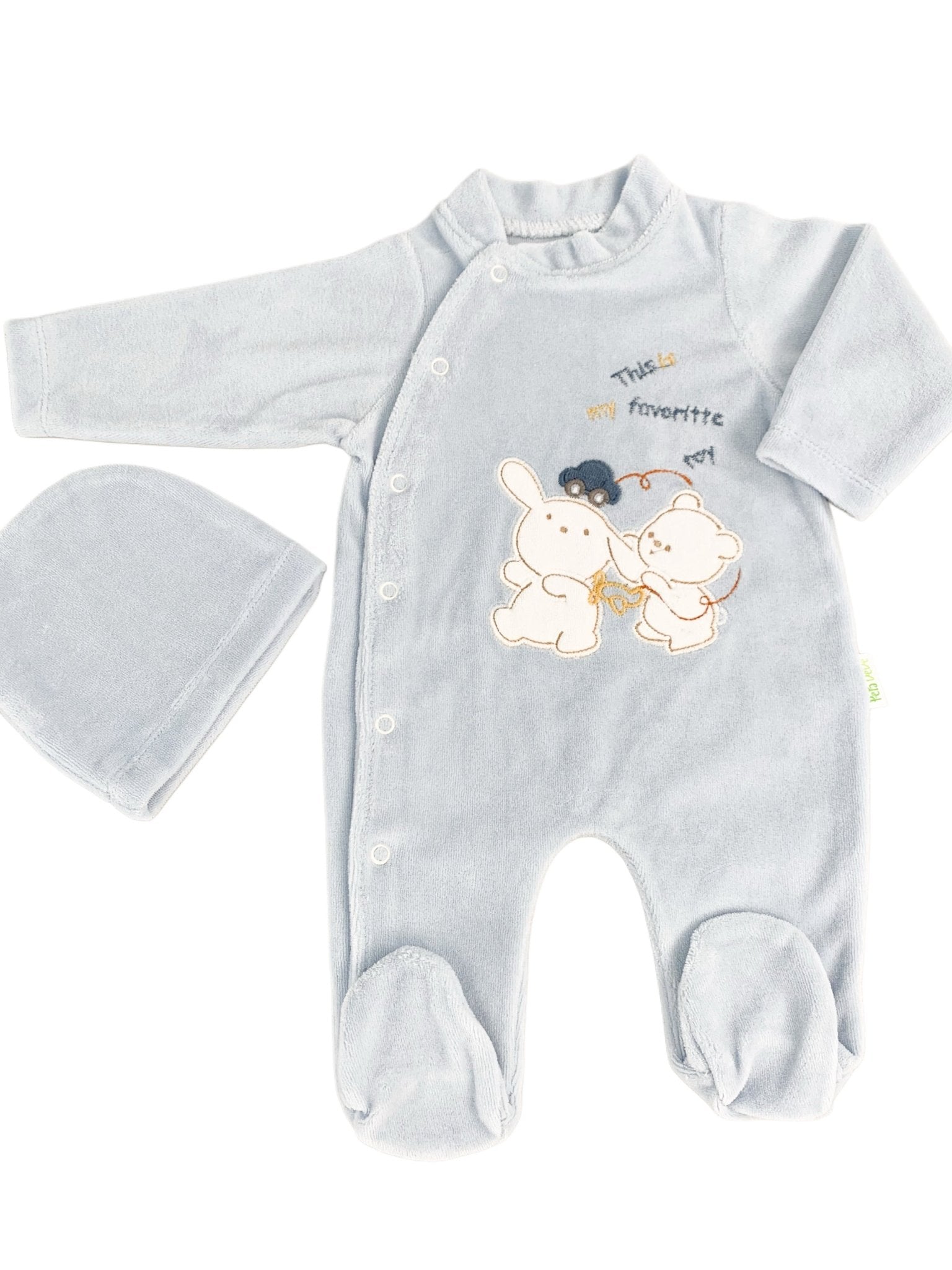 Salopeta albastra pufoasa baiat cu ursulet si iepuras - Botez bebelusi