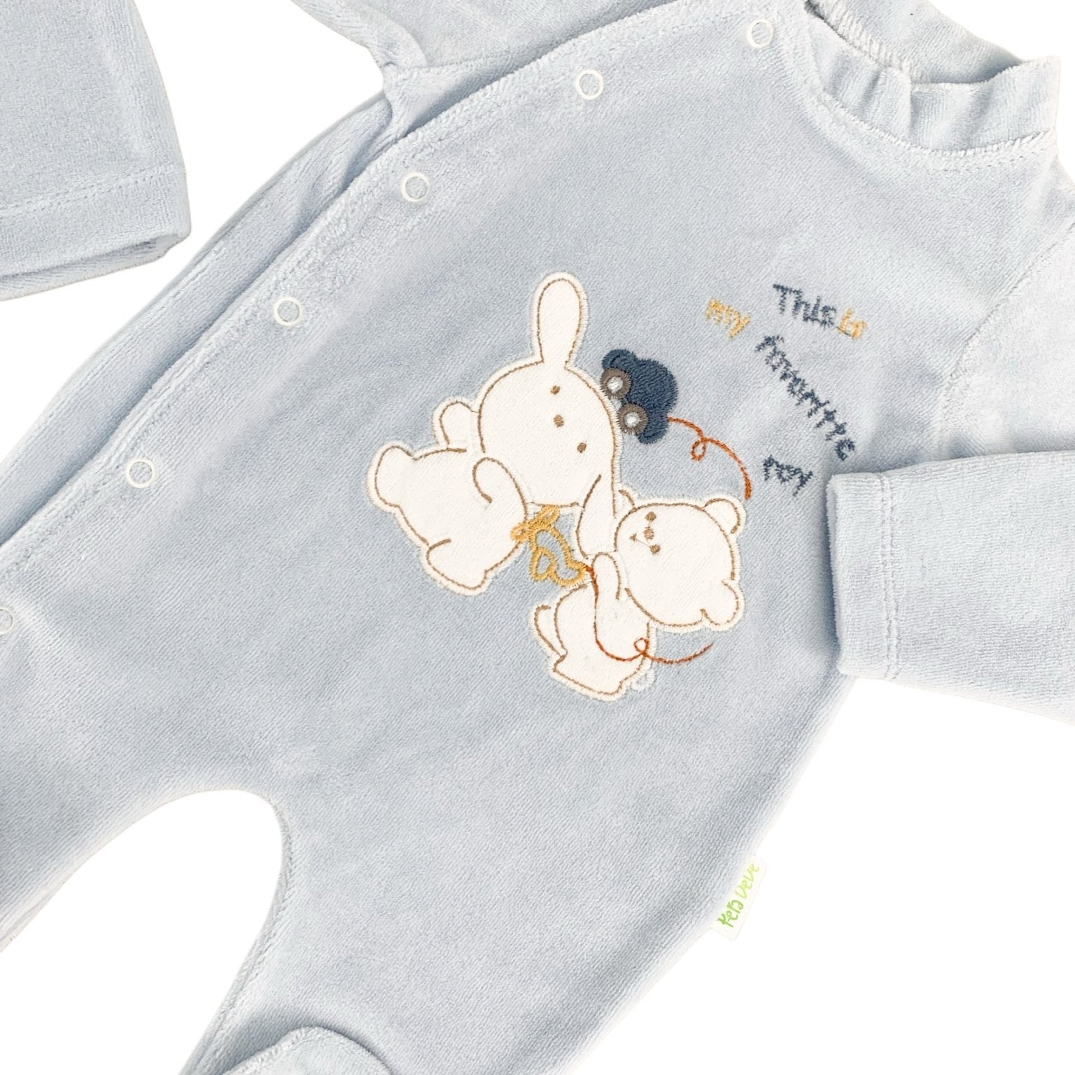 Salopeta albastra pufoasa baiat cu ursulet si iepuras - Botez bebelusi