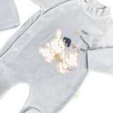 Salopeta albastra pufoasa baiat cu ursulet si iepuras - Botez bebelusi