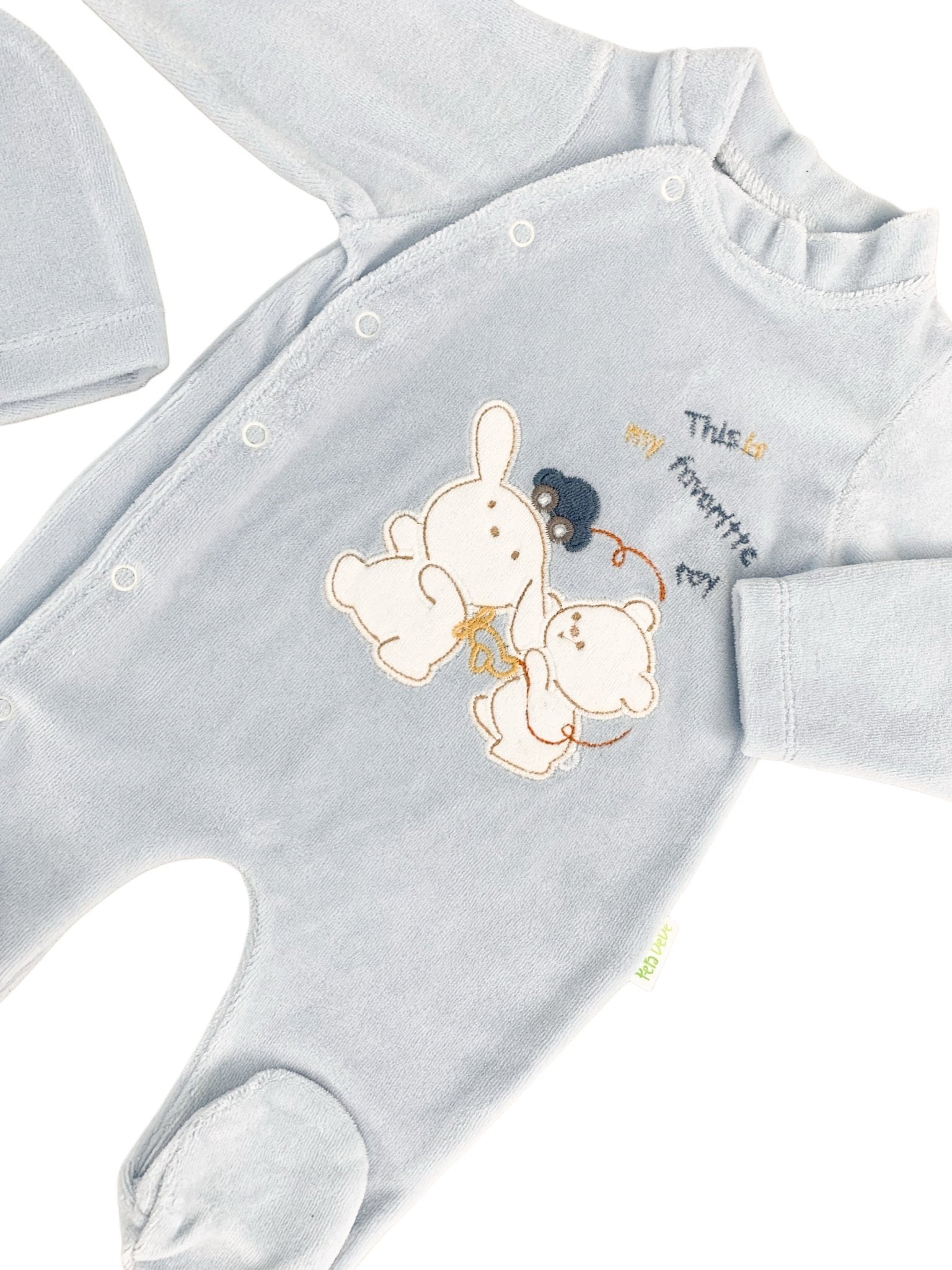 Salopeta albastra pufoasa baiat cu ursulet si iepuras - Botez bebelusi