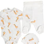 Salopeta baiat alba cu girafe - 3 piese - Botez bebelusi