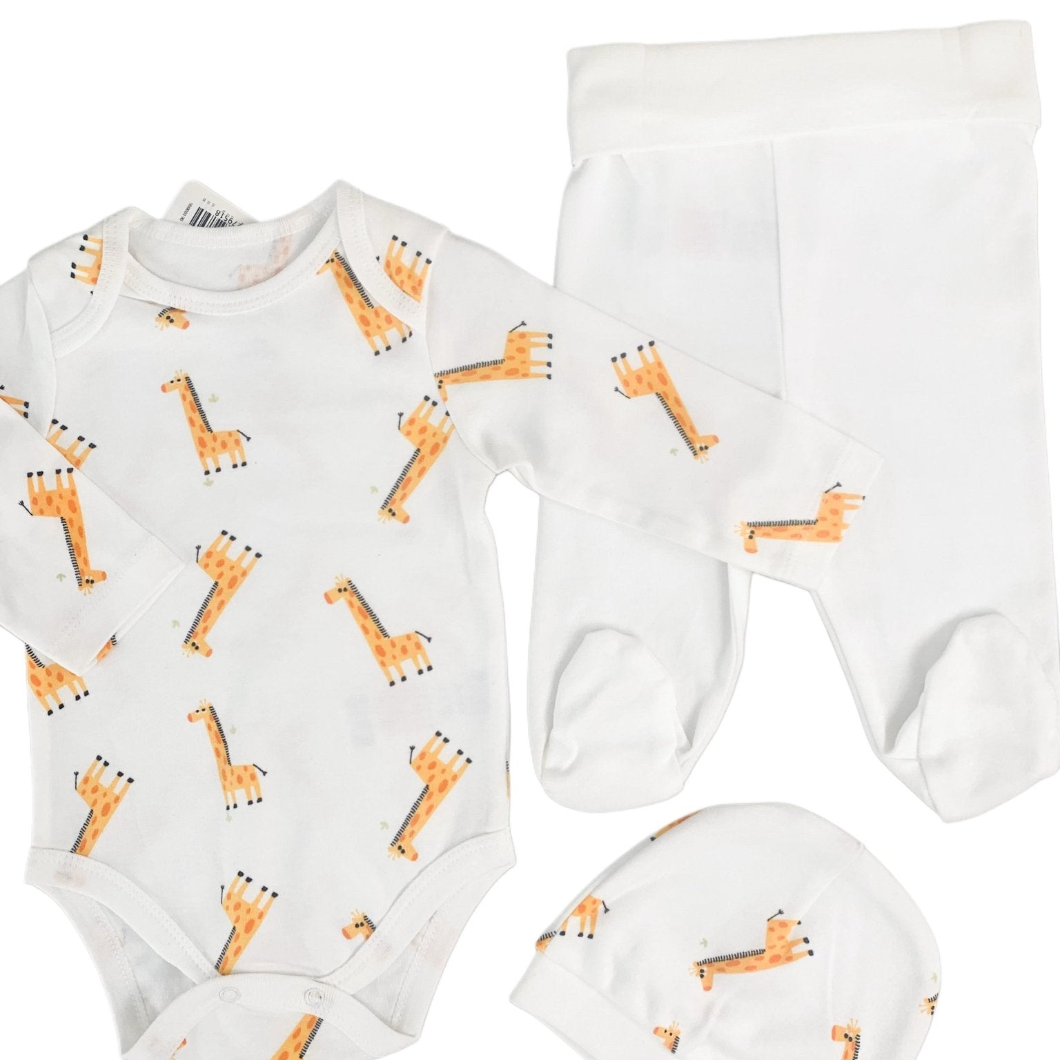 Salopeta baiat alba cu girafe - 3 piese - Botez bebelusi