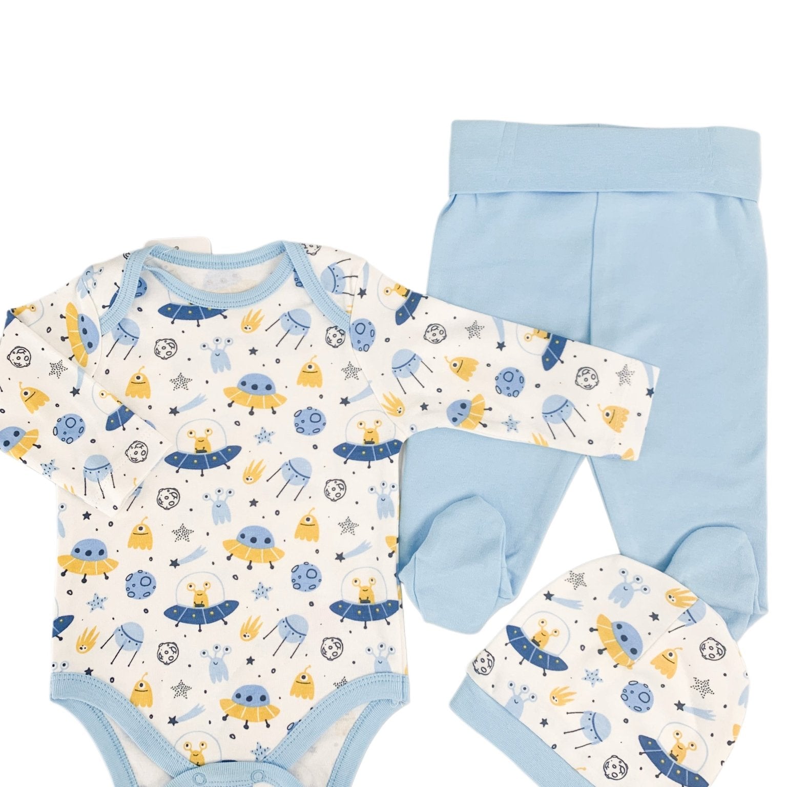 Salopeta baiat albastra cu OZN - uri - 3 piese - Botez bebelusi