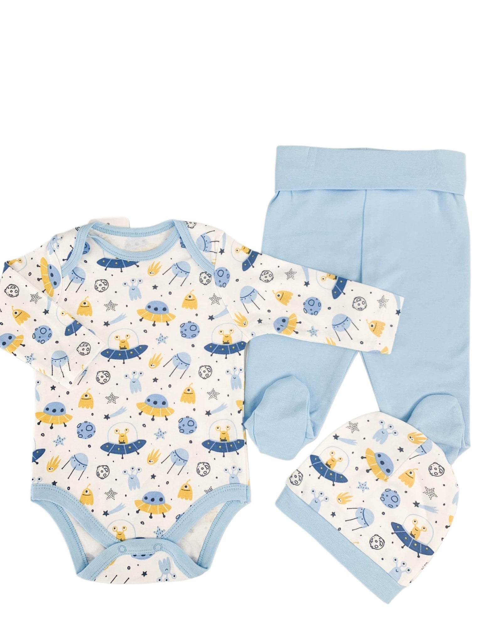 Salopeta baiat albastra cu OZN - uri - 3 piese - Botez bebelusi