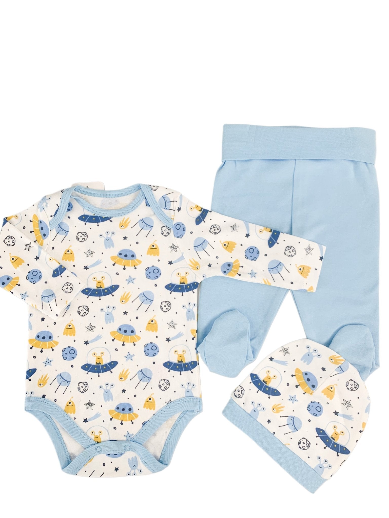 Salopeta baiat albastra cu OZN - uri - 3 piese - Botez bebelusi