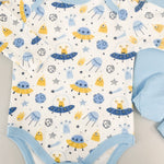 Salopeta baiat albastra cu OZN - uri - 3 piese - Botez bebelusi