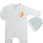 Salopeta baiat albastra cu stelute si luna - 2 piese - Botez bebelusi