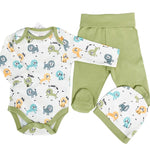Salopeta baiat verde cu animalute - 3 piese - Botez bebelusi
