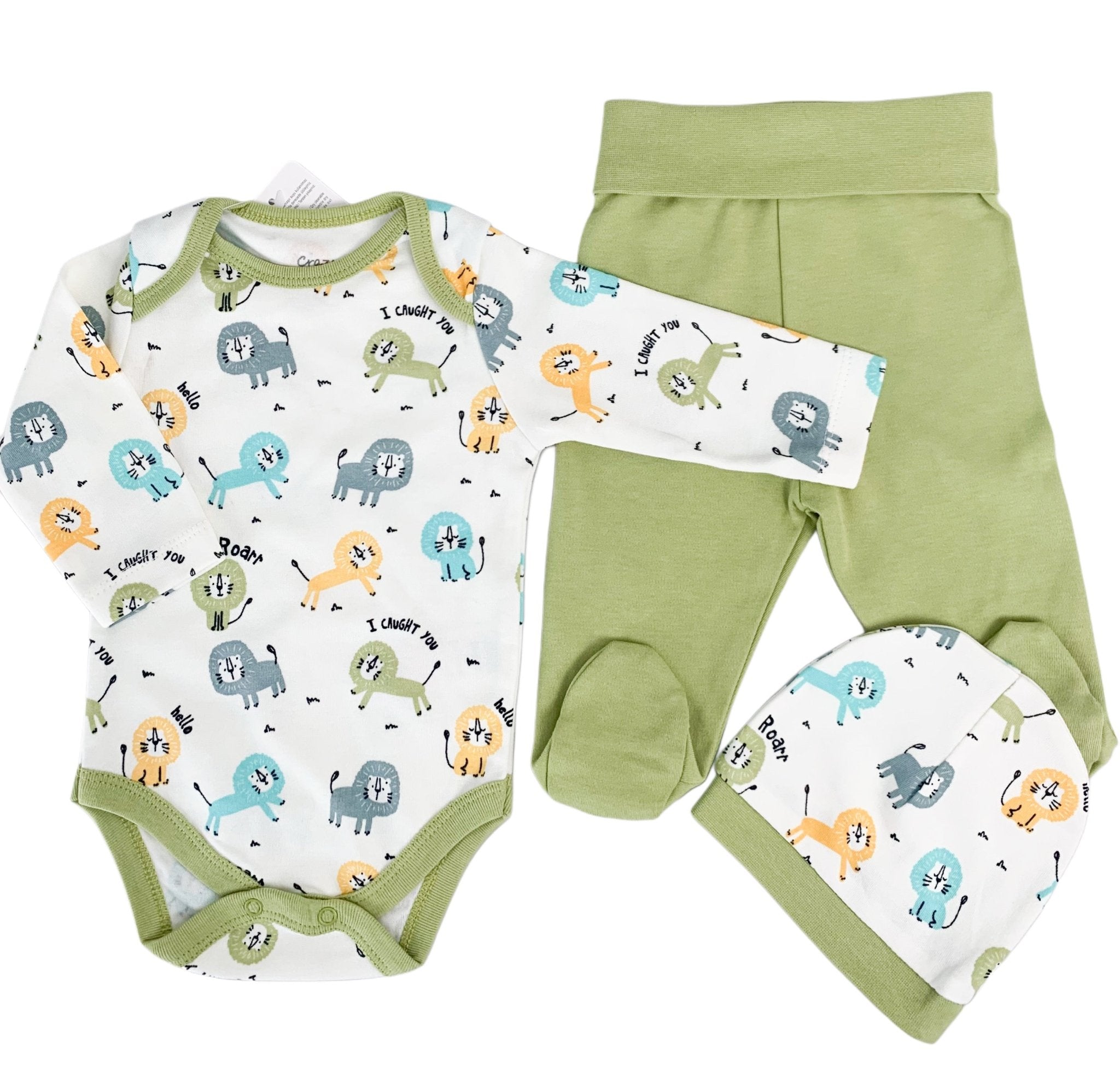 Salopeta baiat verde cu animalute - 3 piese - Botez bebelusi