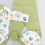 Salopeta baiat verde cu animalute - 3 piese - Botez bebelusi