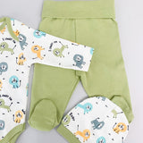 Salopeta baiat verde cu animalute - 3 piese - Botez bebelusi