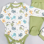 Salopeta baiat verde cu animalute - 3 piese - Botez bebelusi