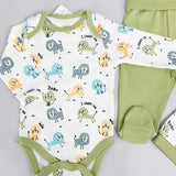 Salopeta baiat verde cu animalute - 3 piese - Botez bebelusi
