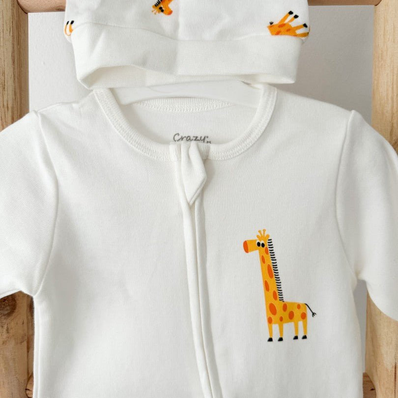 Salopeta bumbac alb cu girafa - Botez bebelusi