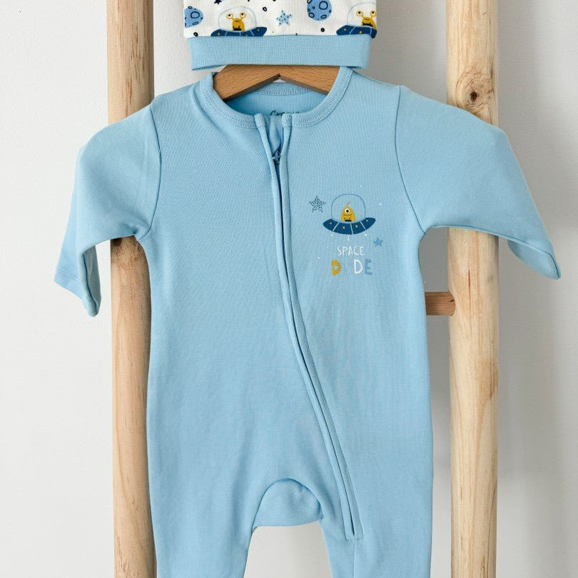 Salopeta bumbac albastru cu OZN - Botez bebelusi