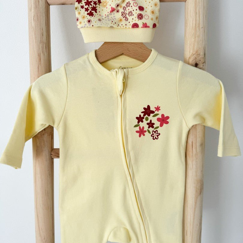 Salopeta bumbac galbena cu floricele - Botez bebelusi