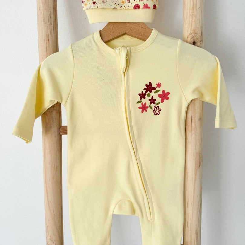 Salopeta bumbac galbena cu floricele - Botez bebelusi