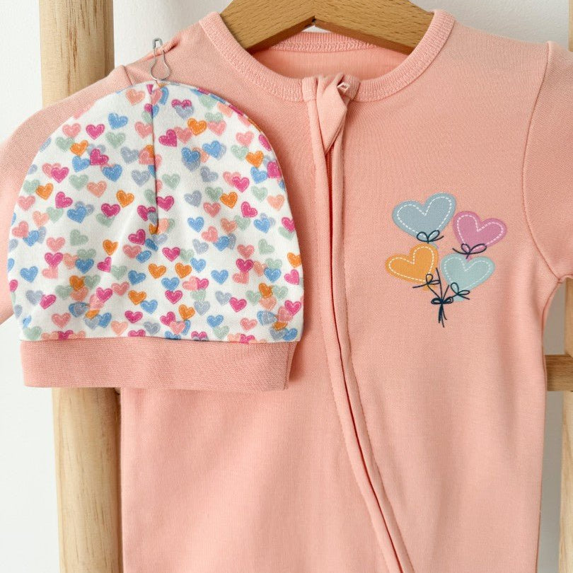 Salopeta bumbac roz piersica cu inimioare - Botez bebelusi
