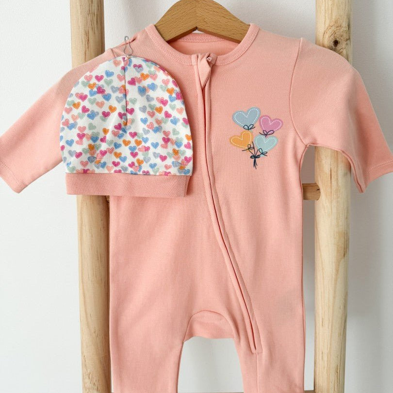 Salopeta bumbac roz piersica cu inimioare - Botez bebelusi