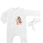 Salopeta fetite alba cu iepurasi - 2 piese - Botez bebelusi