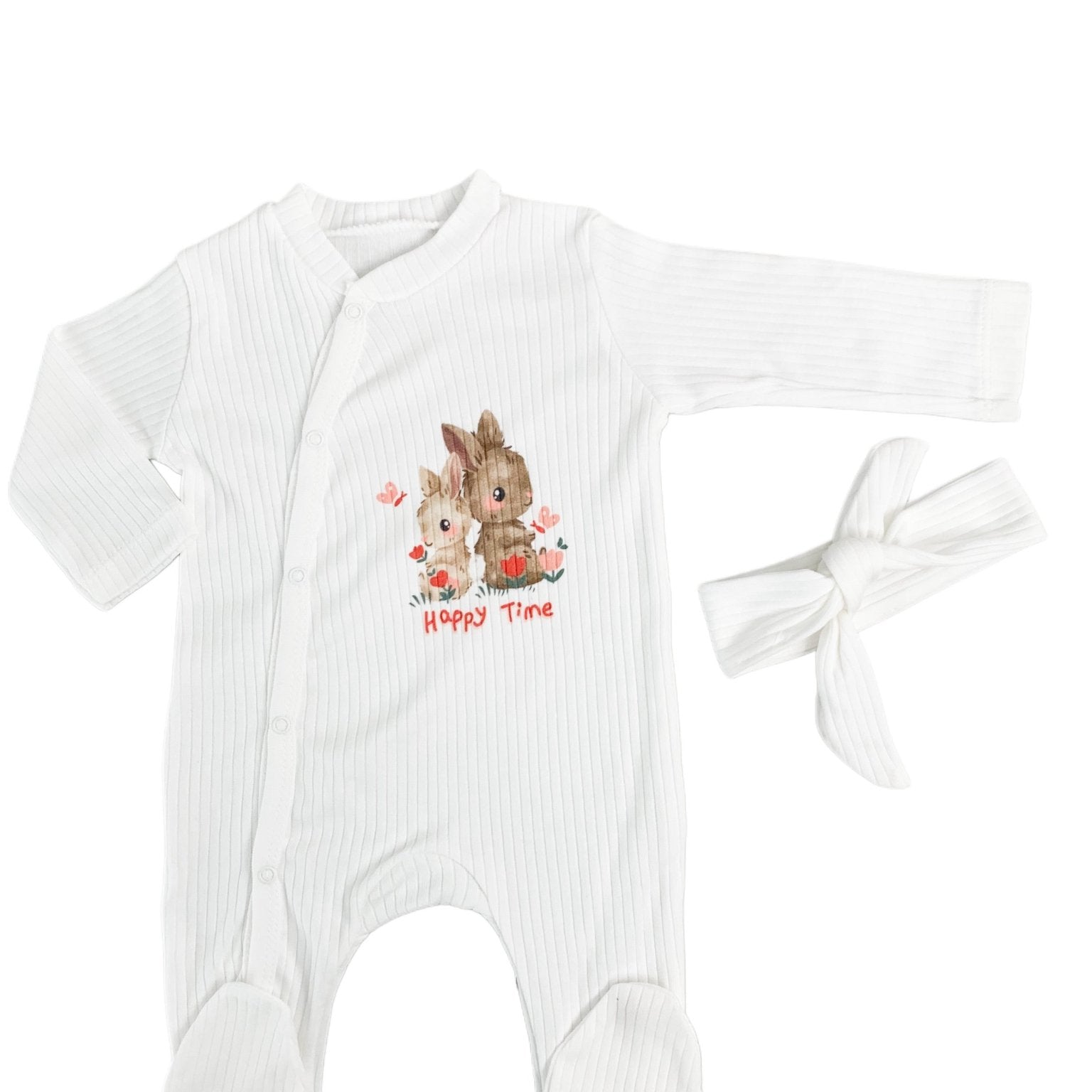 Salopeta fetite alba cu iepurasi - 2 piese - Botez bebelusi