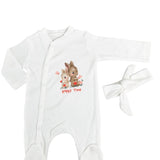 Salopeta fetite alba cu iepurasi - 2 piese - Botez bebelusi