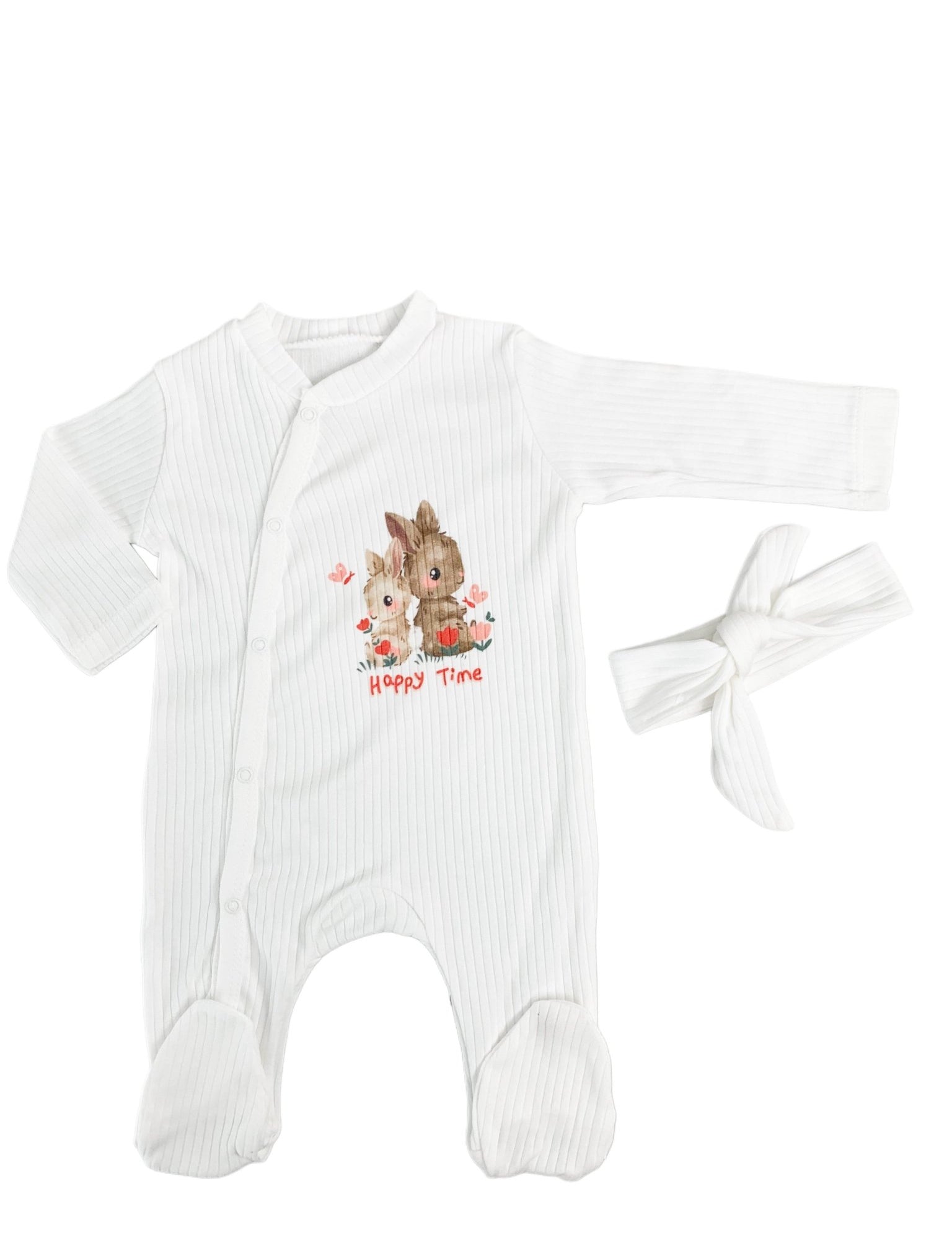 Salopeta fetite alba cu iepurasi - 2 piese - Botez bebelusi