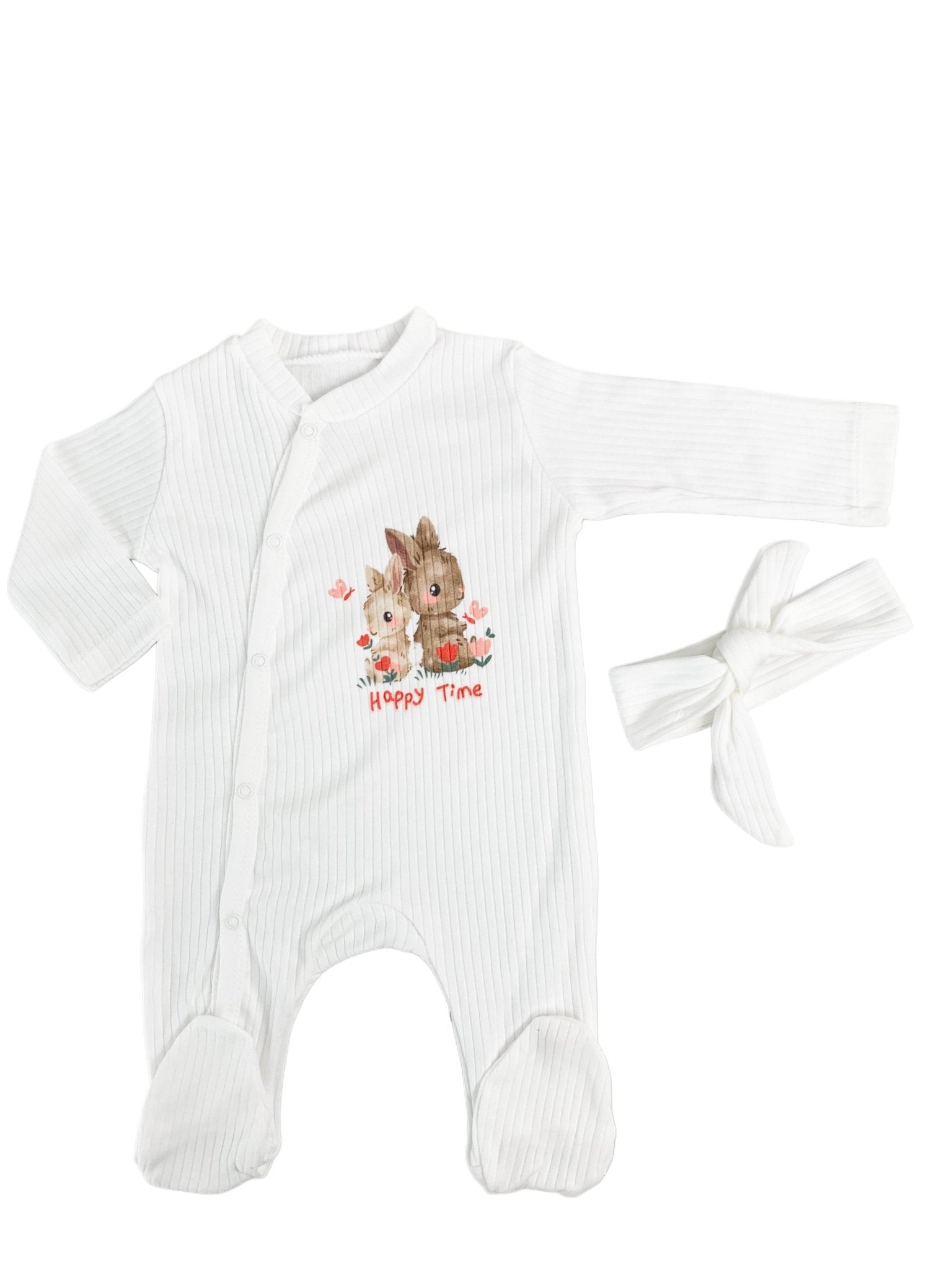 Salopeta fetite alba cu iepurasi - 2 piese - Botez bebelusi