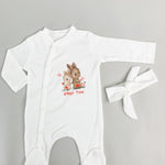 Salopeta fetite alba cu iepurasi - 2 piese - Botez bebelusi