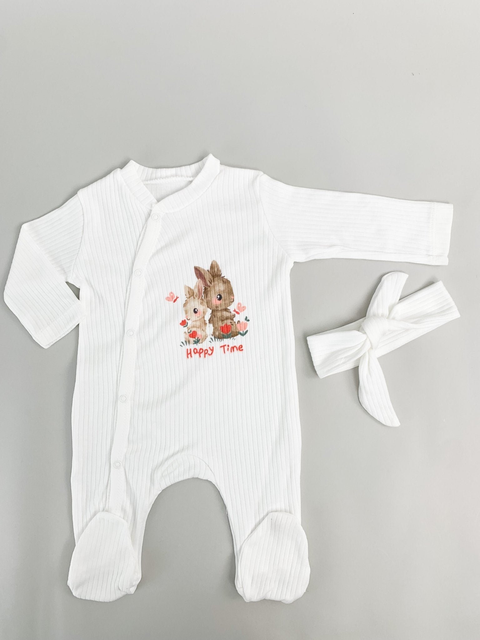 Salopeta fetite alba cu iepurasi - 2 piese - Botez bebelusi