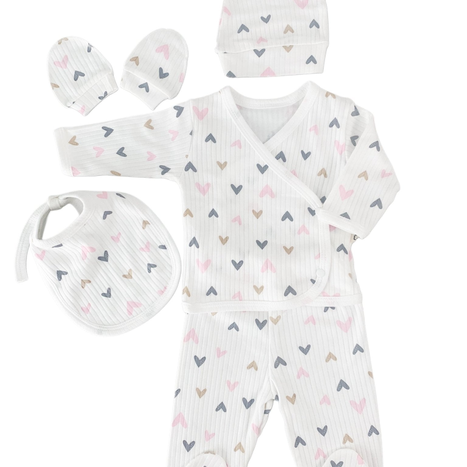 Salopeta fetite alba cu inimioare - 5 piese - Botez bebelusi