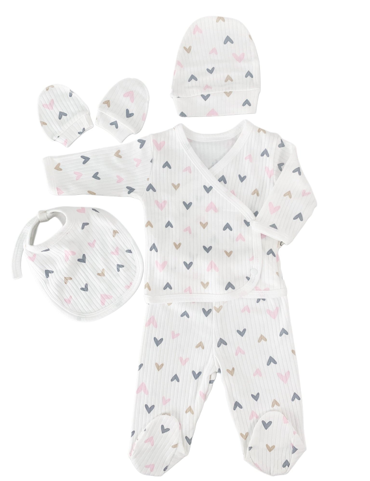 Salopeta fetite alba cu inimioare - 5 piese - Botez bebelusi