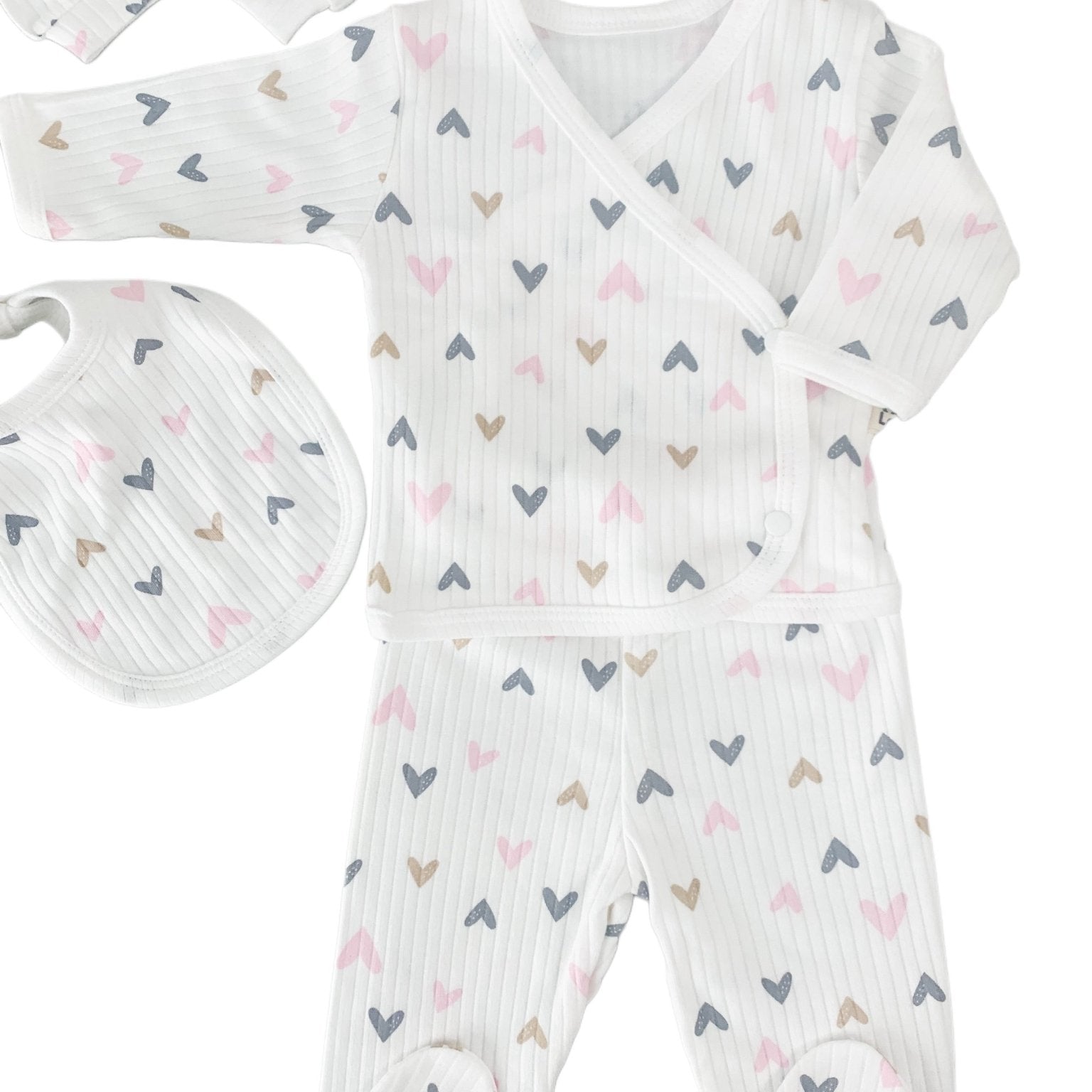 Salopeta fetite alba cu inimioare - 5 piese - Botez bebelusi