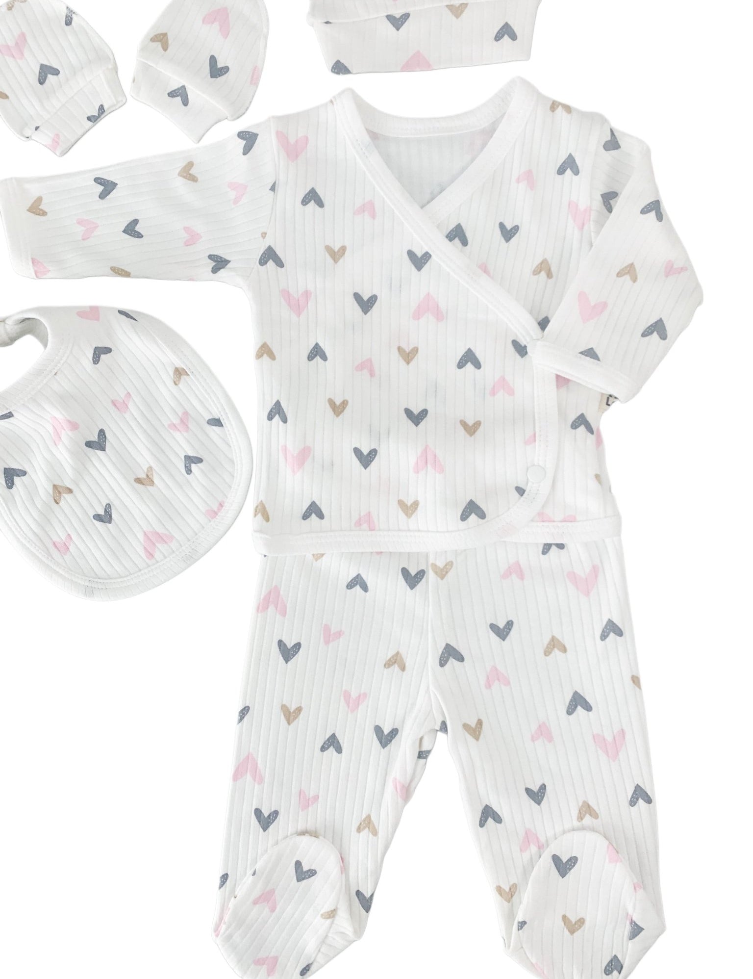 Salopeta fetite alba cu inimioare - 5 piese - Botez bebelusi