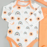 Salopeta fetite portocalie cu floarea - soarelui - 3 piese - Botez bebelusi
