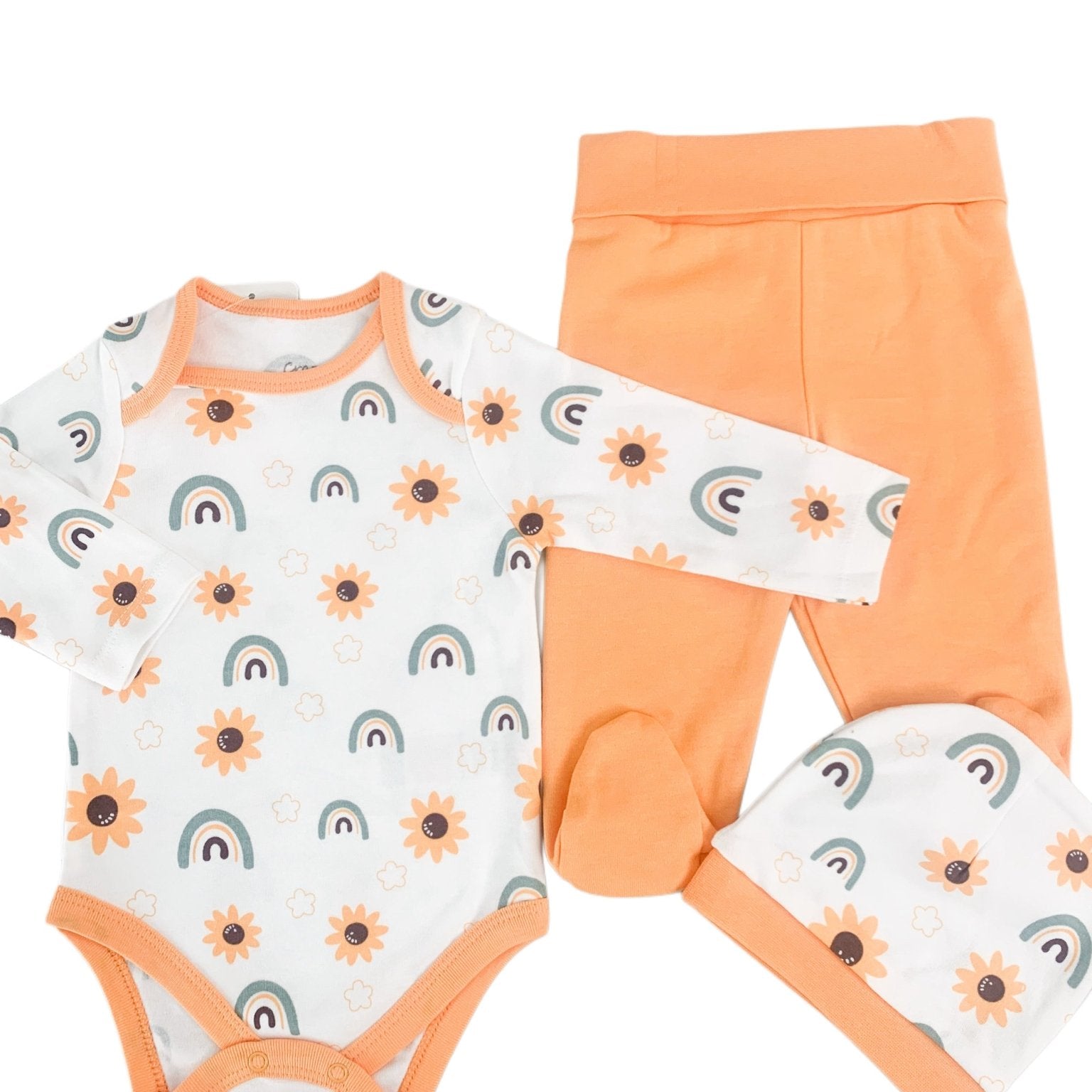 Salopeta fetite portocalie cu floarea - soarelui - 3 piese - Botez bebelusi