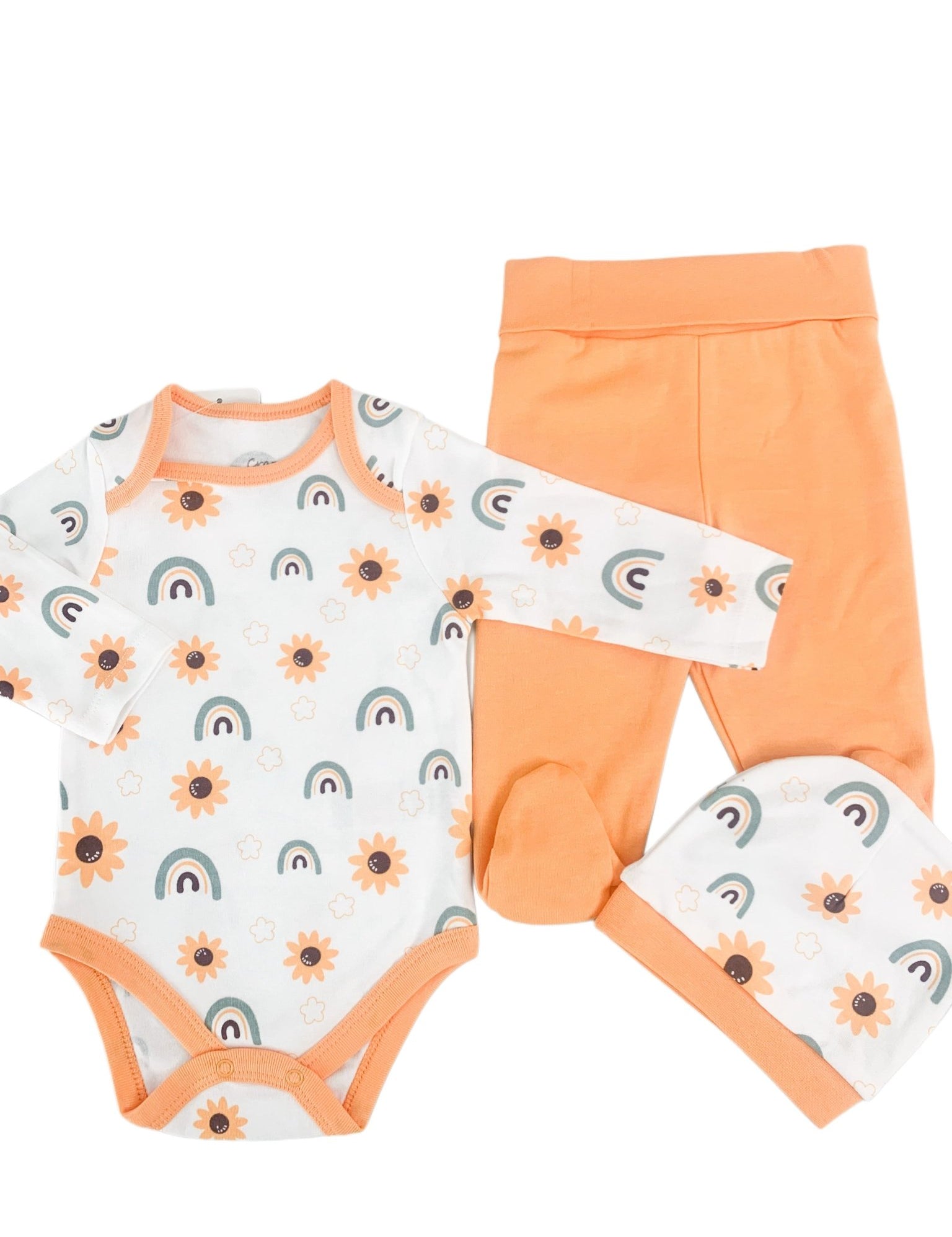 Salopeta fetite portocalie cu floarea - soarelui - 3 piese - Botez bebelusi