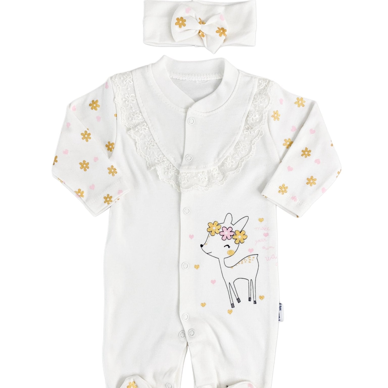 Salopeta Nou - Nascut alba cu floricele - 2 piese - Botez bebelusi