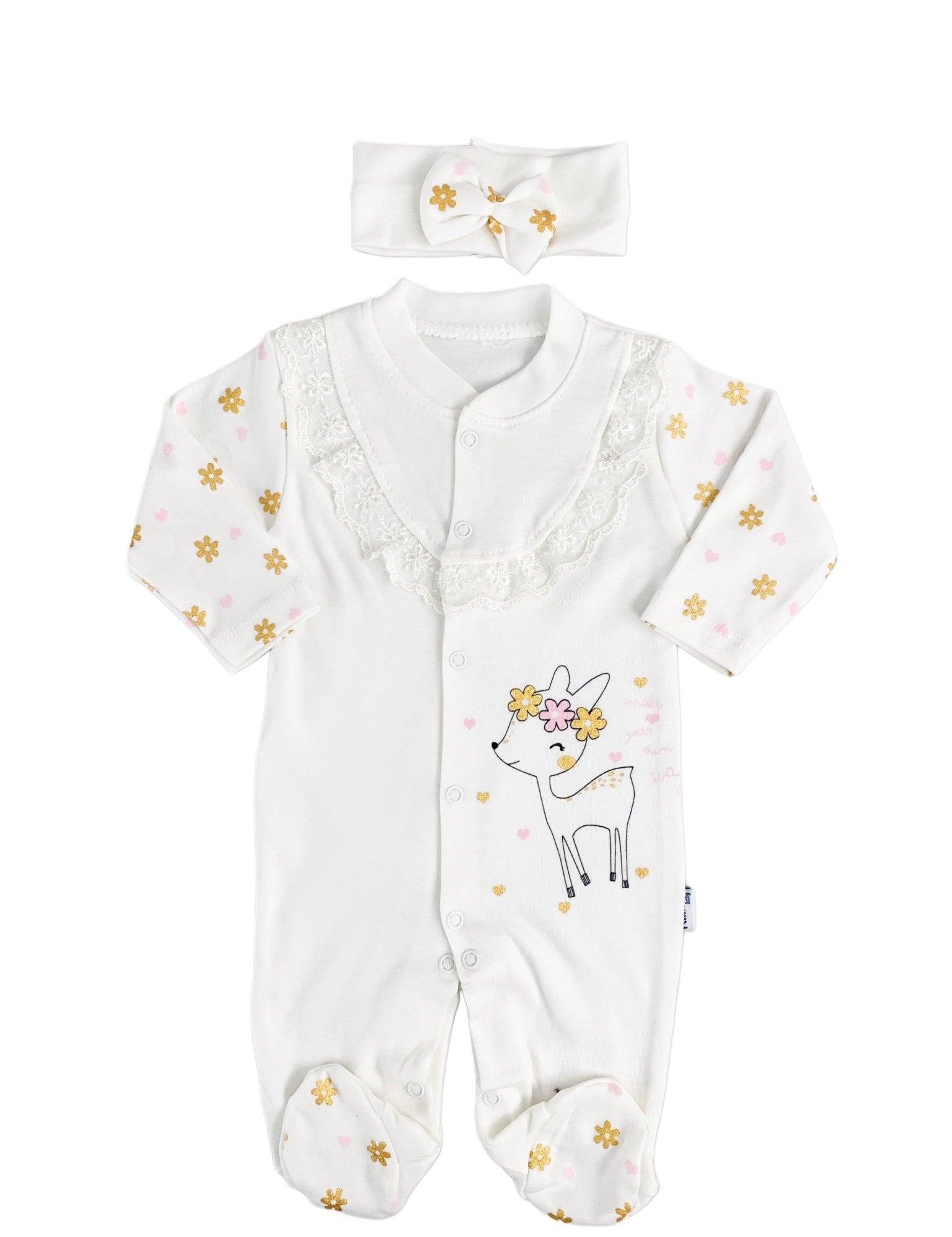 Salopeta Nou - Nascut alba cu floricele - 2 piese - Botez bebelusi