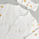 Salopeta Nou - Nascut alba cu floricele - 2 piese - Botez bebelusi