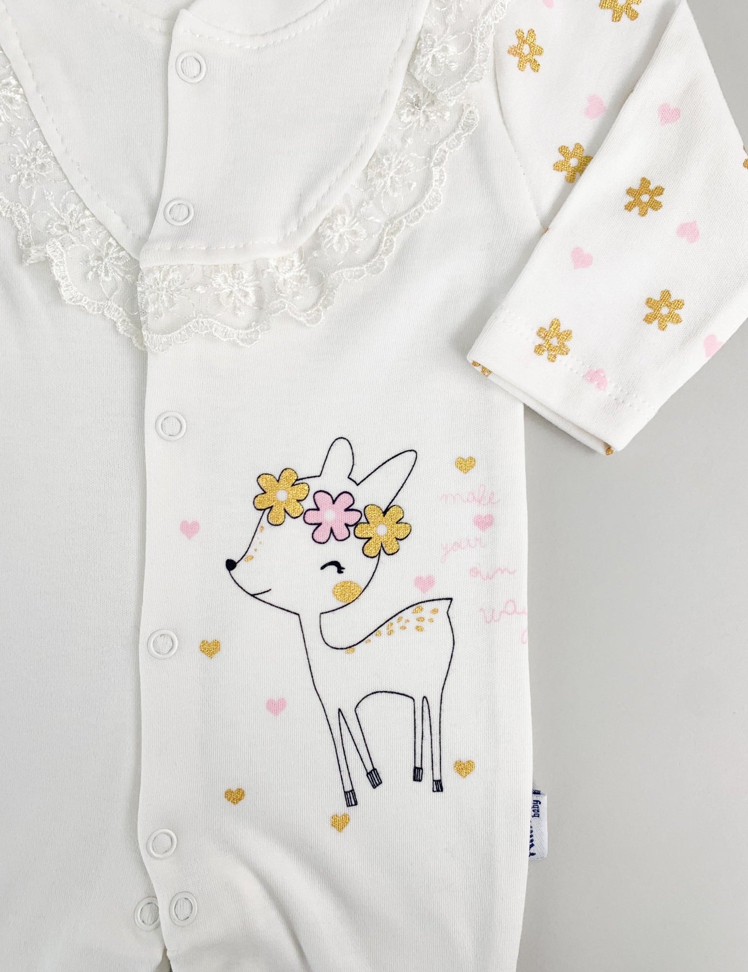 Salopeta Nou - Nascut alba cu floricele - 2 piese - Botez bebelusi