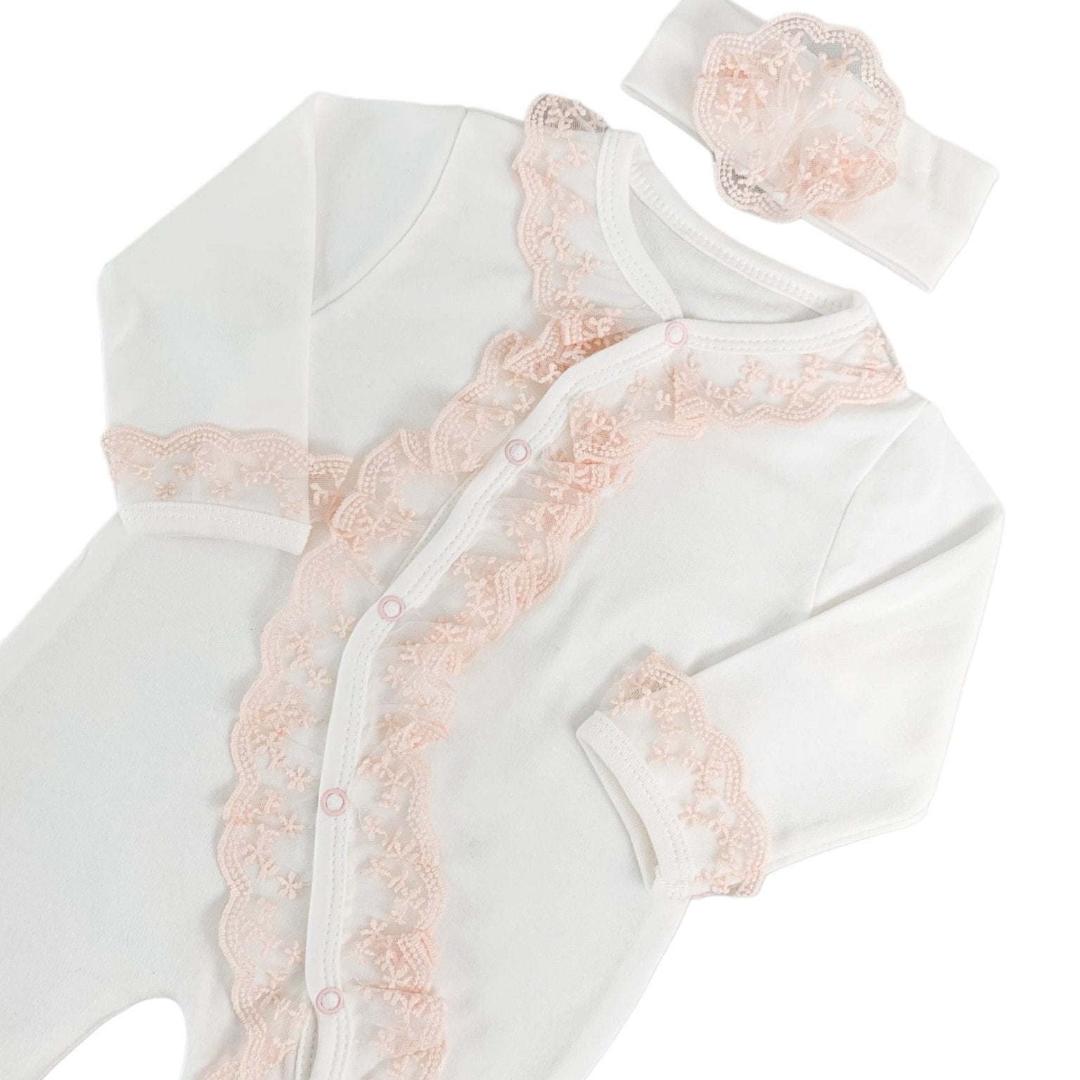 Salopeta Nou - Nascut alba cu volanase - 2 piese - Botez bebelusi