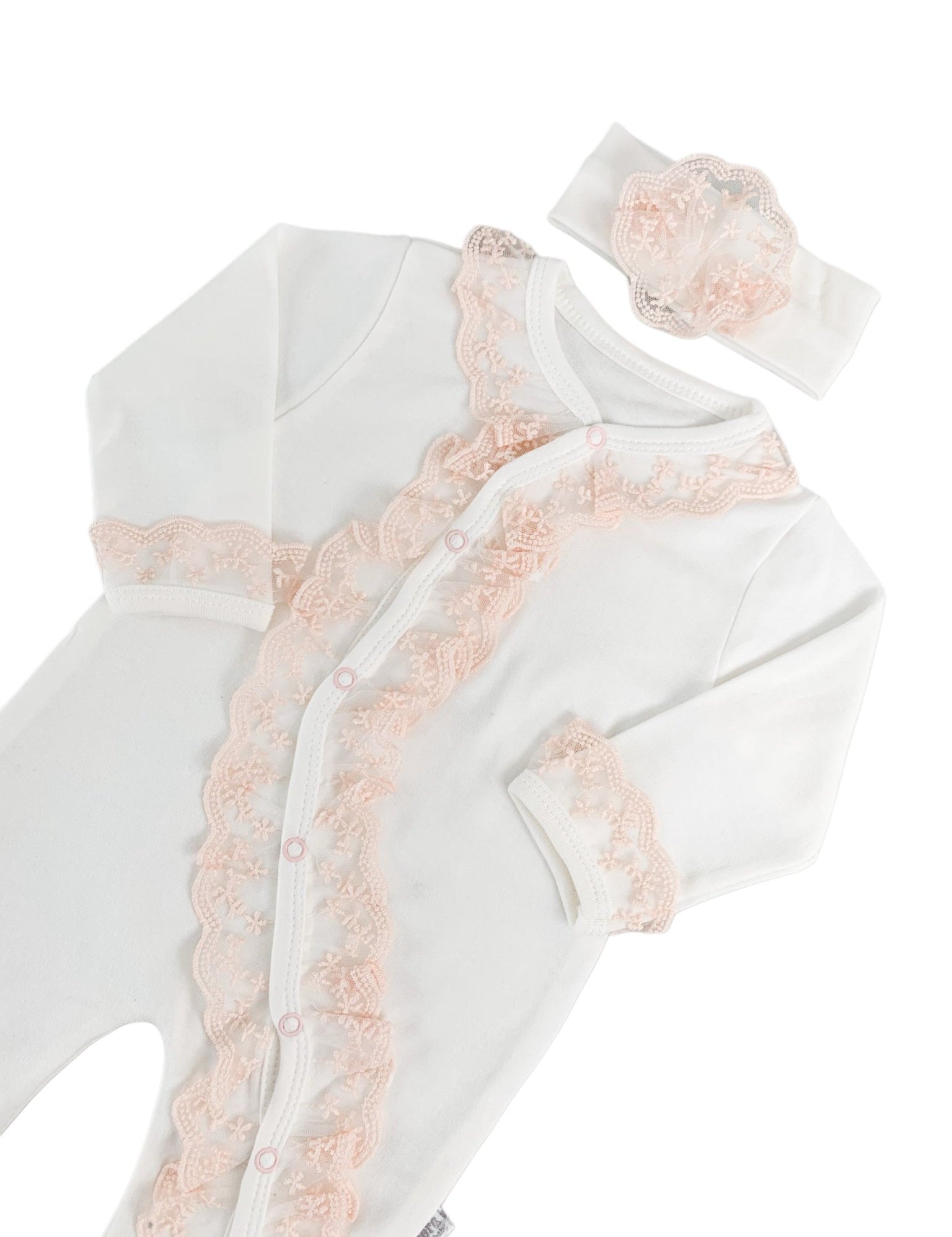 Salopeta Nou - Nascut alba cu volanase - 2 piese - Botez bebelusi