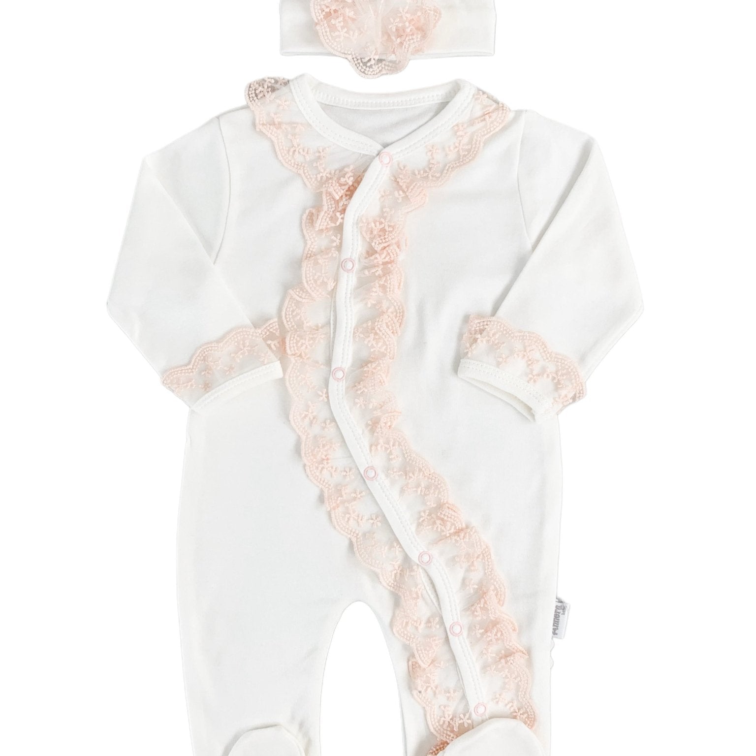 Salopeta Nou - Nascut alba cu volanase - 2 piese - Botez bebelusi