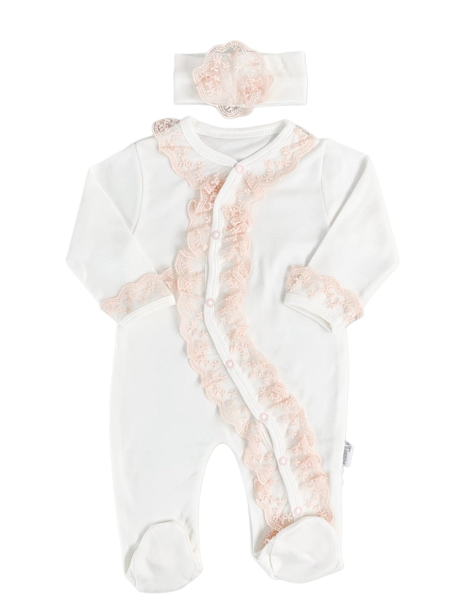 Salopeta Nou - Nascut alba cu volanase - 2 piese - Botez bebelusi