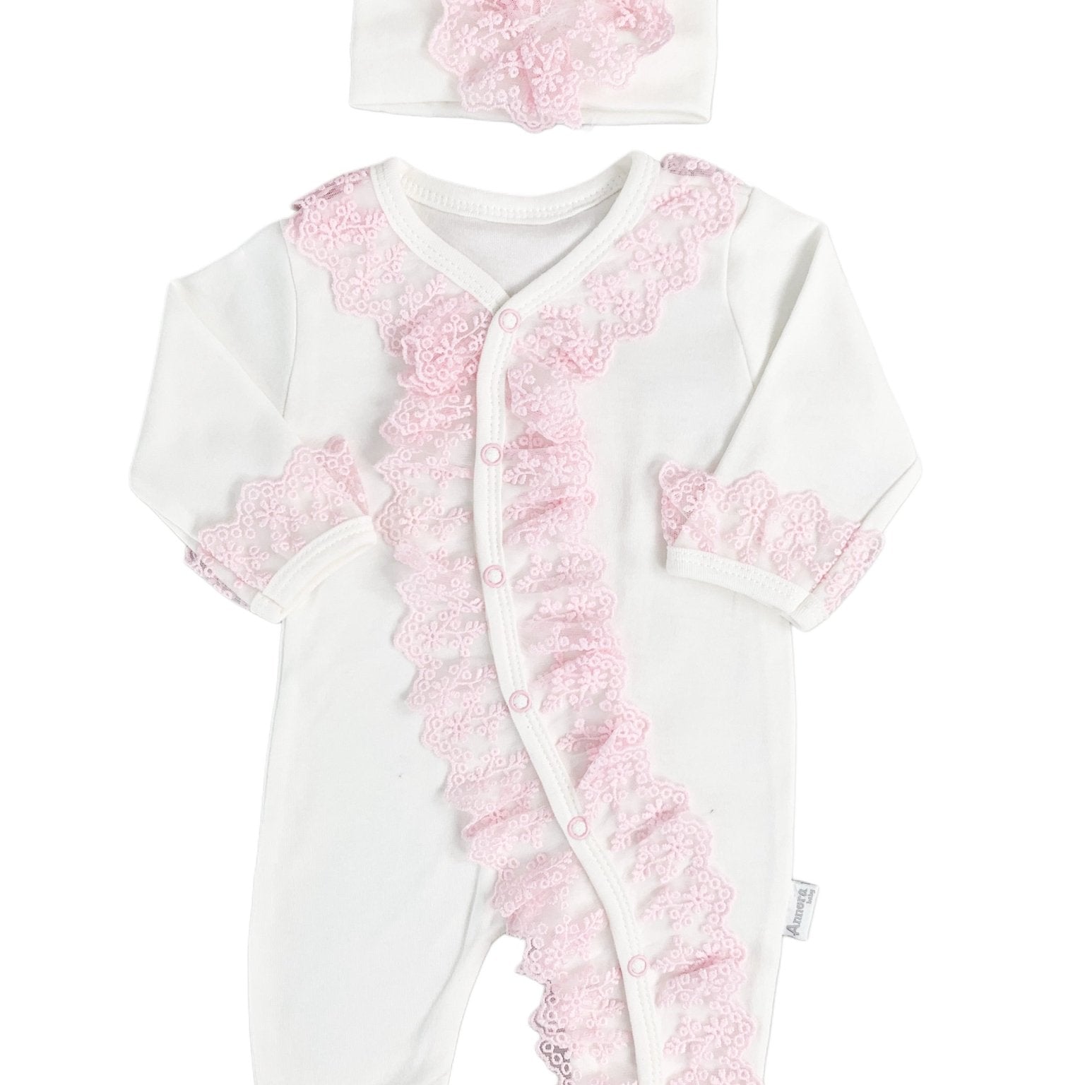 Salopeta Nou - Nascut alba cu volanase roz - 2 piese - Botez bebelusi