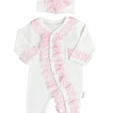 Salopeta Nou - Nascut alba cu volanase roz - 2 piese - Botez bebelusi