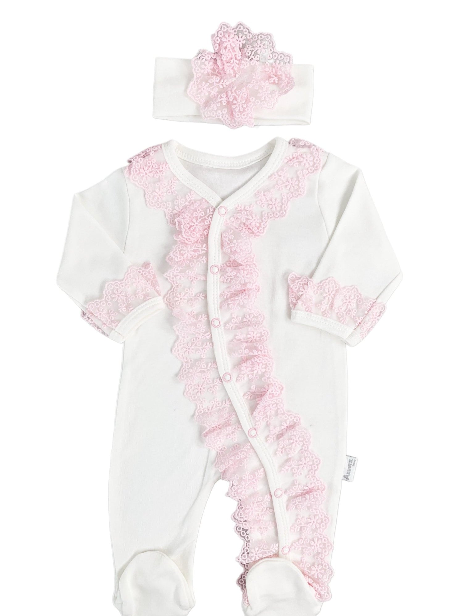 Salopeta Nou - Nascut alba cu volanase roz - 2 piese - Botez bebelusi