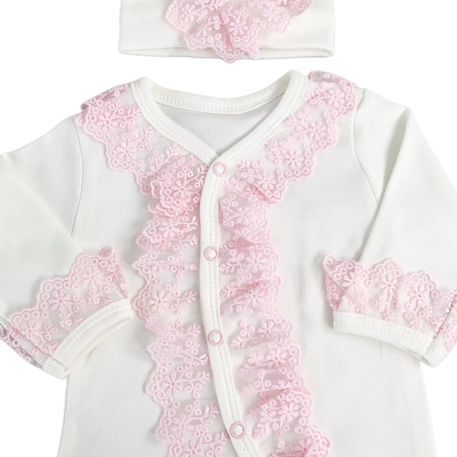 Salopeta Nou - Nascut alba cu volanase roz - 2 piese - Botez bebelusi